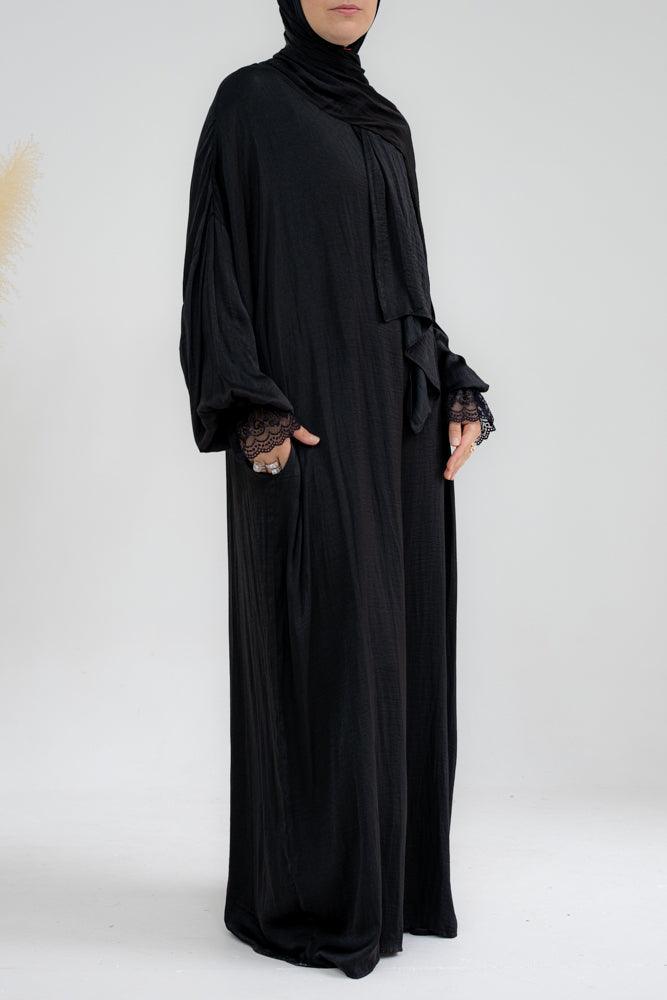 Lsenna lightest prayer gown with attached scarf and pockets in black - ANNAH HARIRI