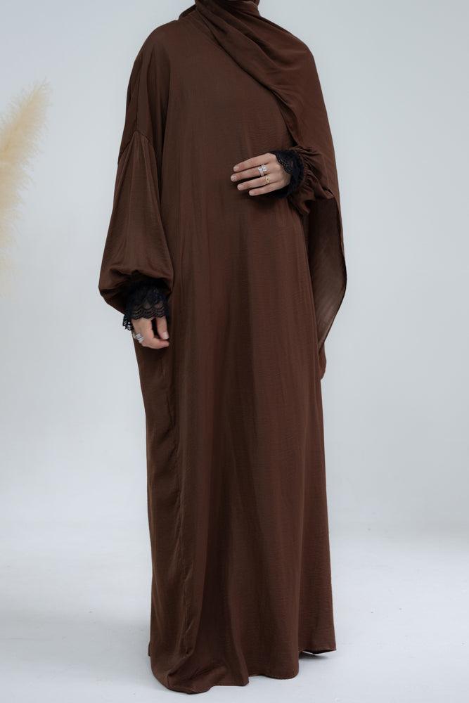 Lsenna lightest prayer gown with attached scarf and pockets in coffee - ANNAH HARIRI