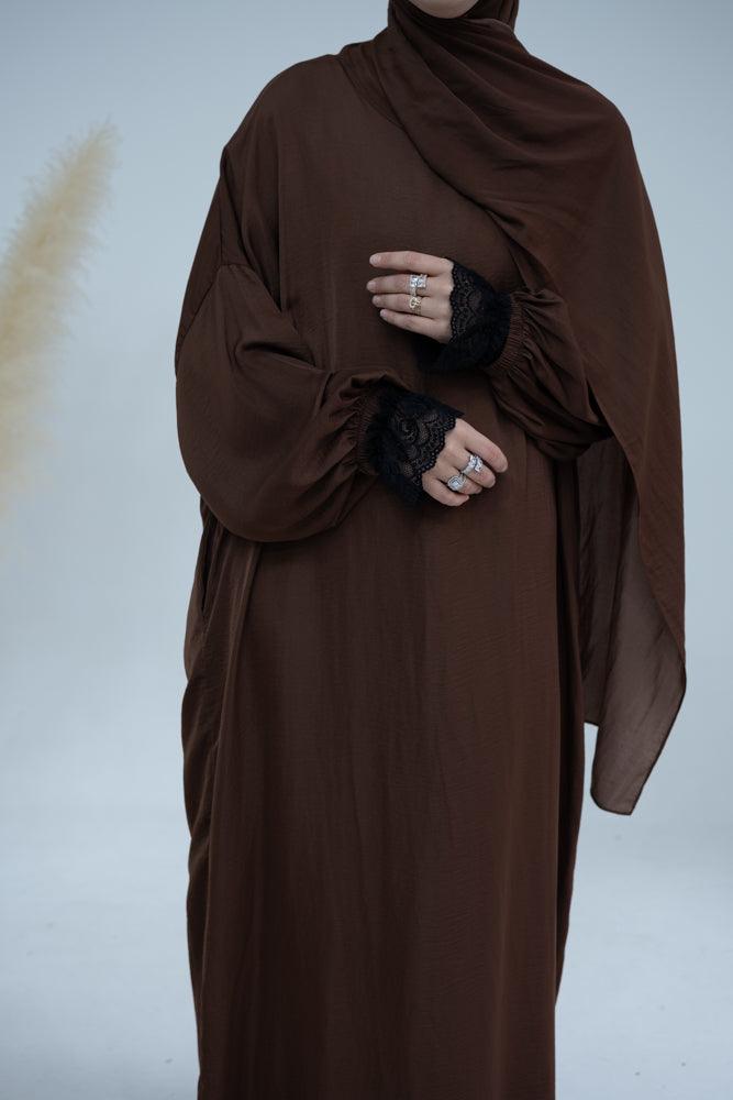 Lsenna lightest prayer gown with attached scarf and pockets in coffee - ANNAH HARIRI