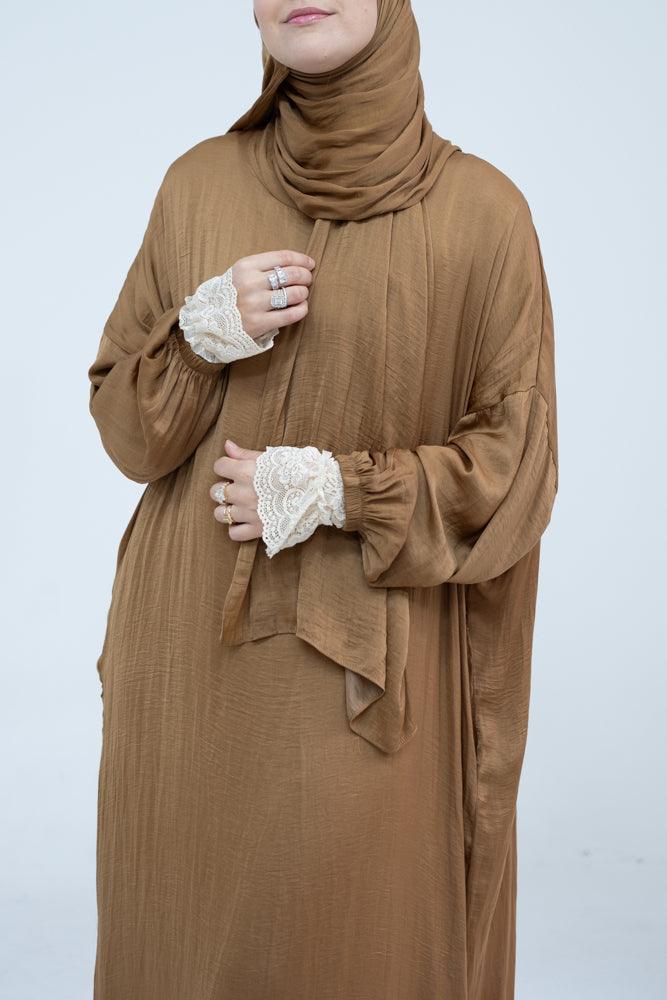 Lsenna lightest prayer gown with attached scarf and pockets in khaki - ANNAH HARIRI