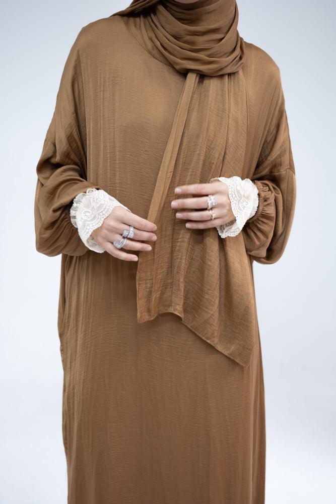 Lsenna lightest prayer gown with attached scarf and pockets in khaki - ANNAH HARIRI