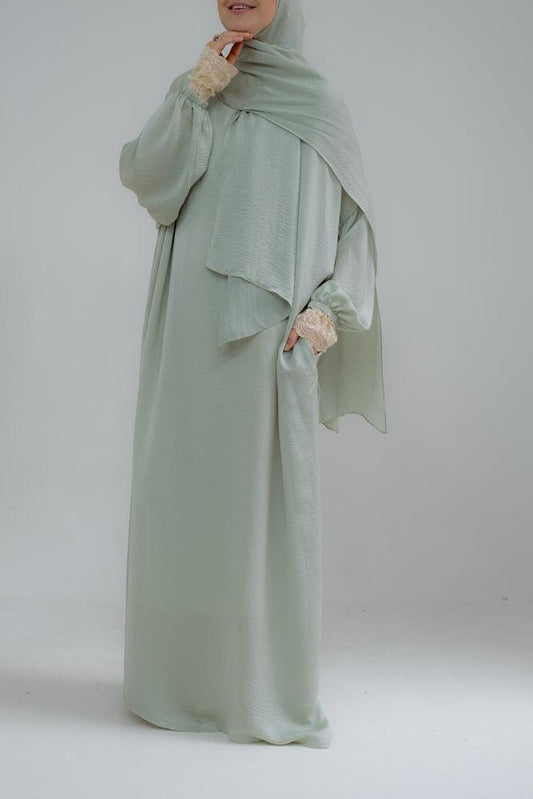 Lsenna lightest prayer gown with attached scarf and pockets in mint green - ANNAH HARIRI