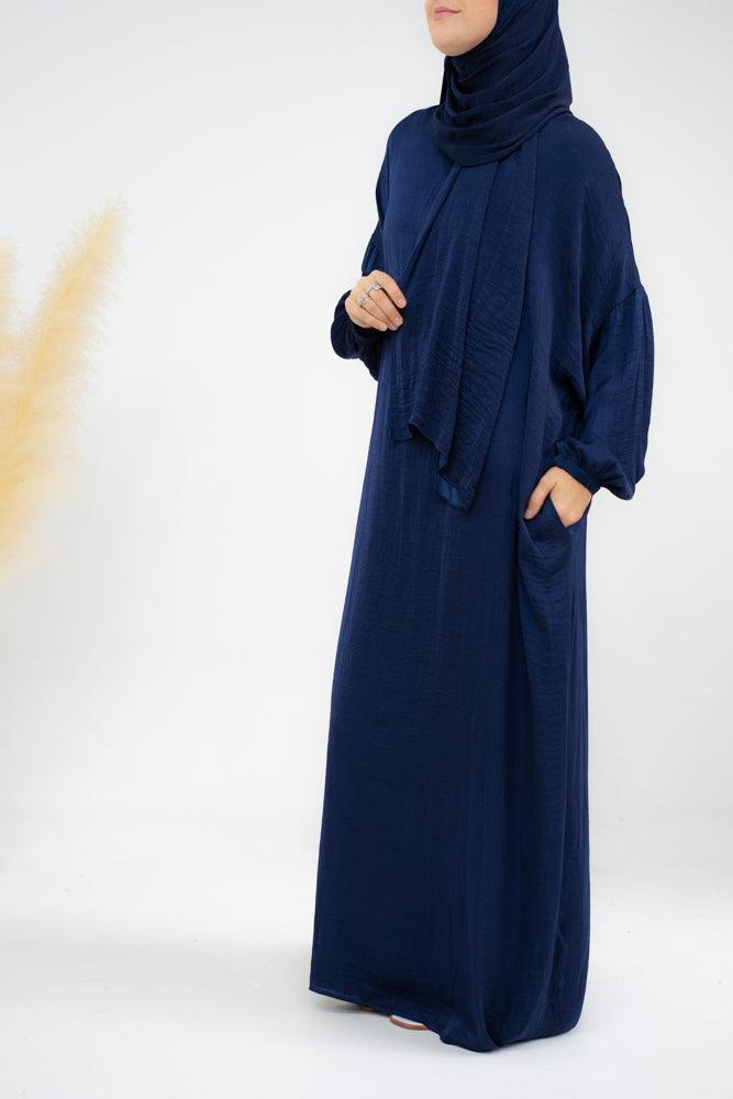 Lsenna lightest prayer gown with attached scarf and pockets in navy - ANNAH HARIRI