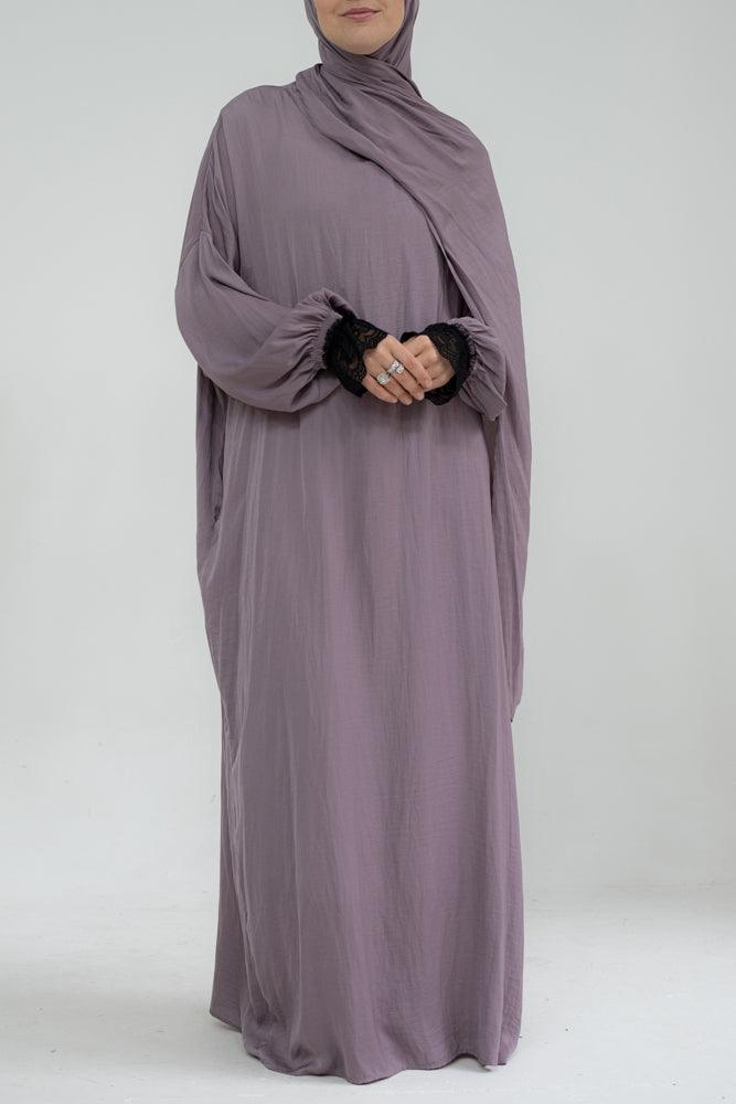 Lsenna lightest prayer gown with attached scarf and pockets in purple - ANNAH HARIRI
