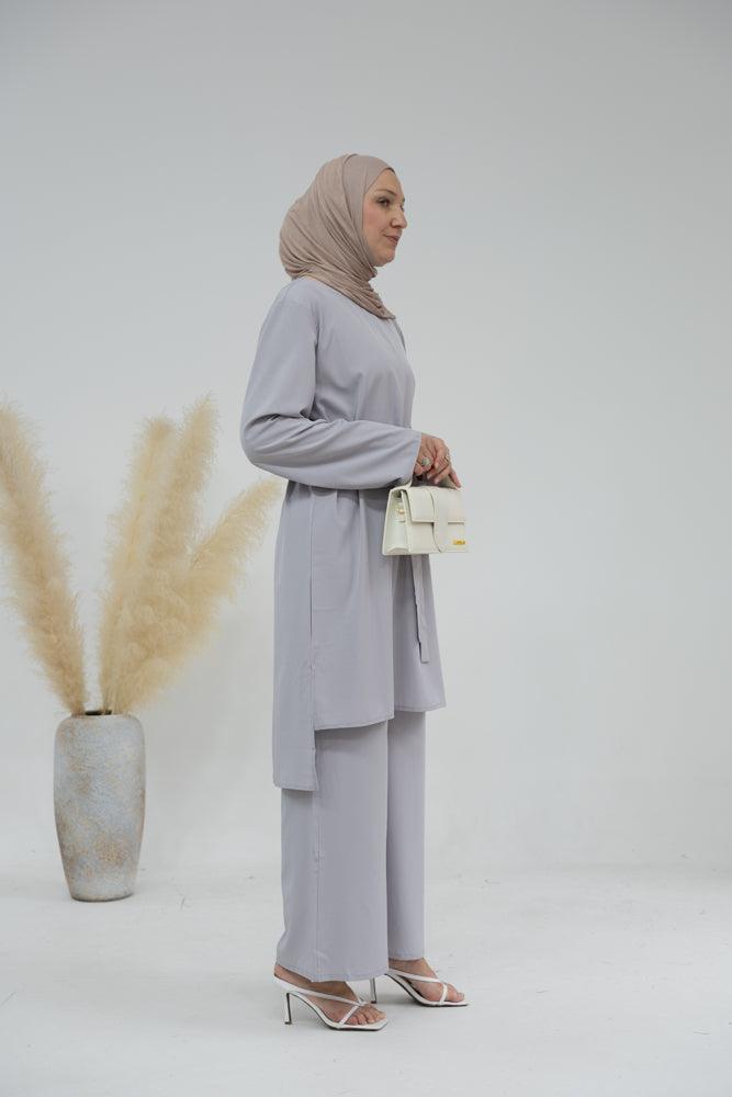 Marah set with uneven top detachable belt and palazzo pants in Grey - ANNAH HARIRI