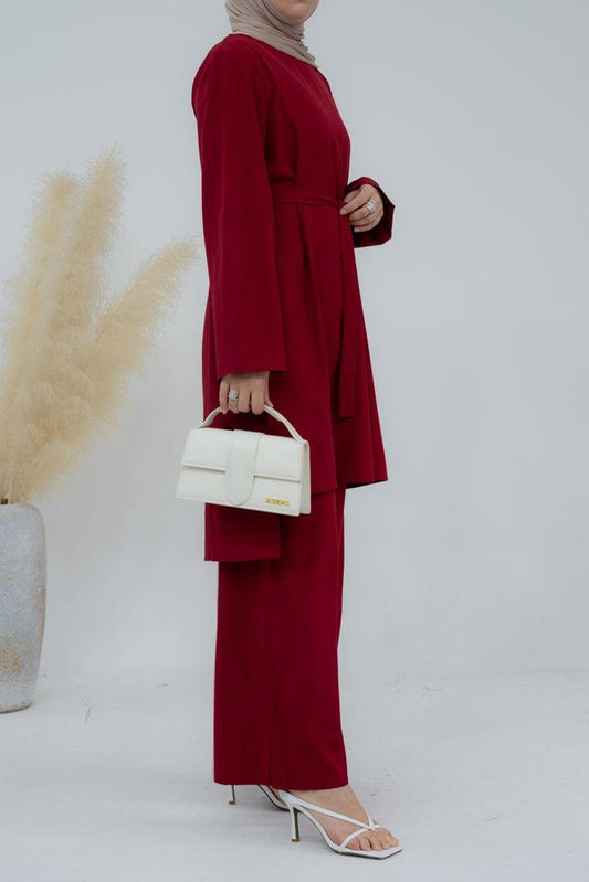 Marah set with uneven top detachable belt and palazzo pants in Red - ANNAH HARIRI