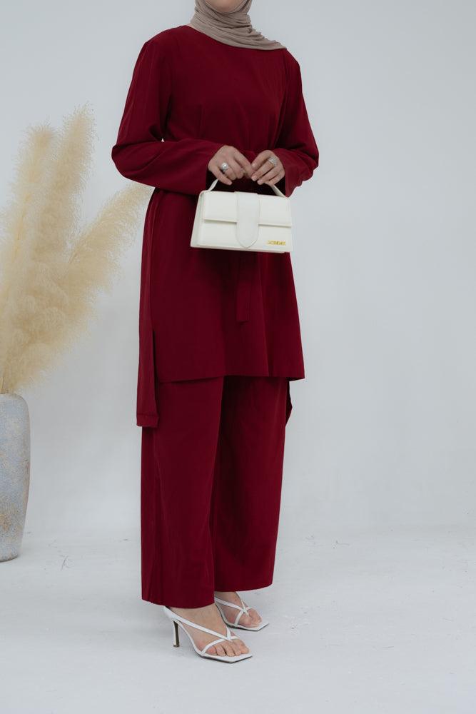 Marah set with uneven top detachable belt and palazzo pants in Red - ANNAH HARIRI