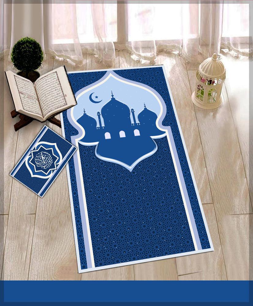 Marike Blue Prayer Rug Muslim Mat Islamic Sajadah for Kids Men Women with Quran Box for Eid Travel Ramadan Soft Luxury Pin - ANNAH HARIRI