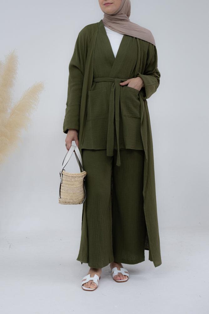 Marina Cotton throw over abaya with oversize folded sleeve in olive green - ANNAH HARIRI