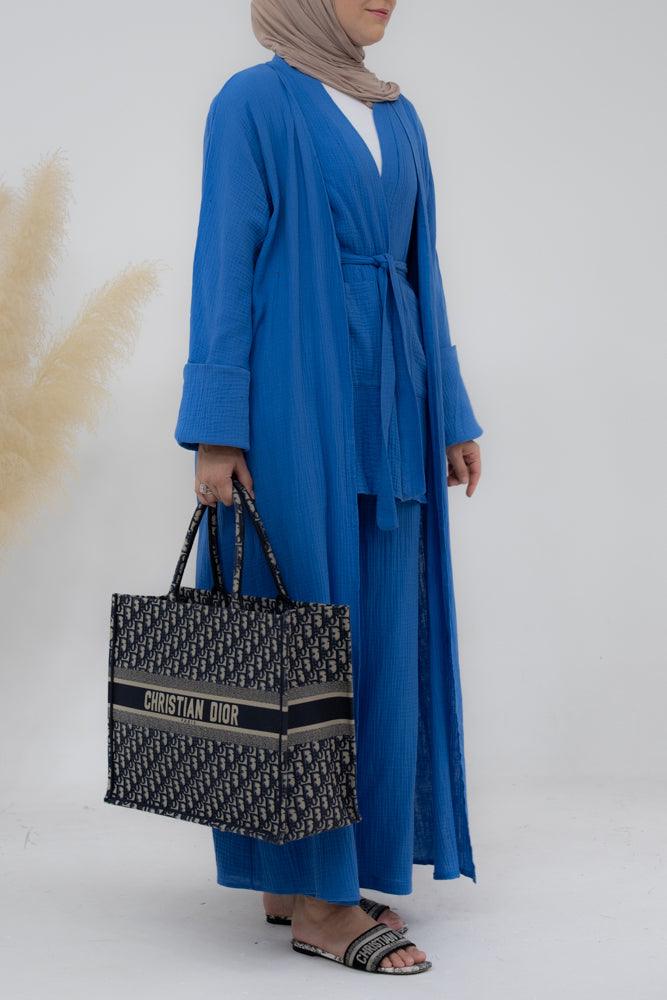 Marina Cotton throw over abaya with oversize folded sleeve in royal blue - ANNAH HARIRI