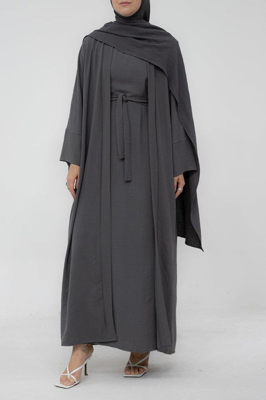 Matiar abaya three piece set with scarf and inner dress and belt in Gray - ANNAH HARIRI