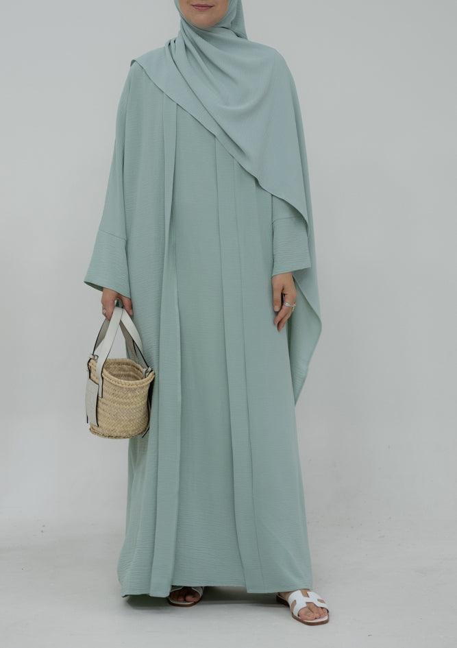 Matiar abaya three piece set with scarf and inner dress and belt in Light Green - ANNAH HARIRI