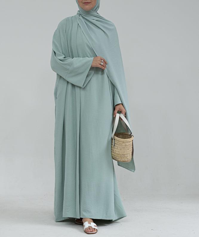 Matiar abaya three piece set with scarf and inner dress and belt in Light Green - ANNAH HARIRI