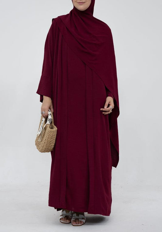 Matiar abaya three piece set with scarf and inner dress and belt in Maroon - ANNAH HARIRI