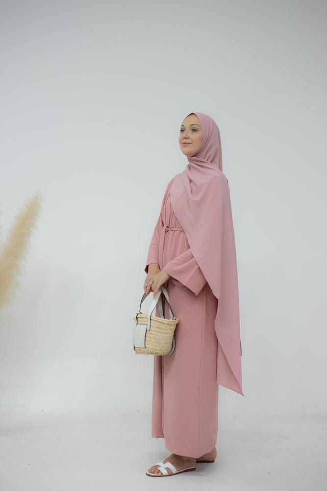 Matiar abaya three piece set with scarf and inner dress and belt in Pink - ANNAH HARIRI
