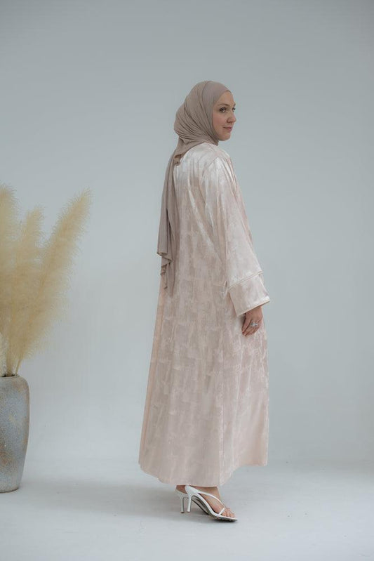 Miiriam abaya throw over with printed shine effect kimono sleeves detachable belt in beige - ANNAH HARIRI