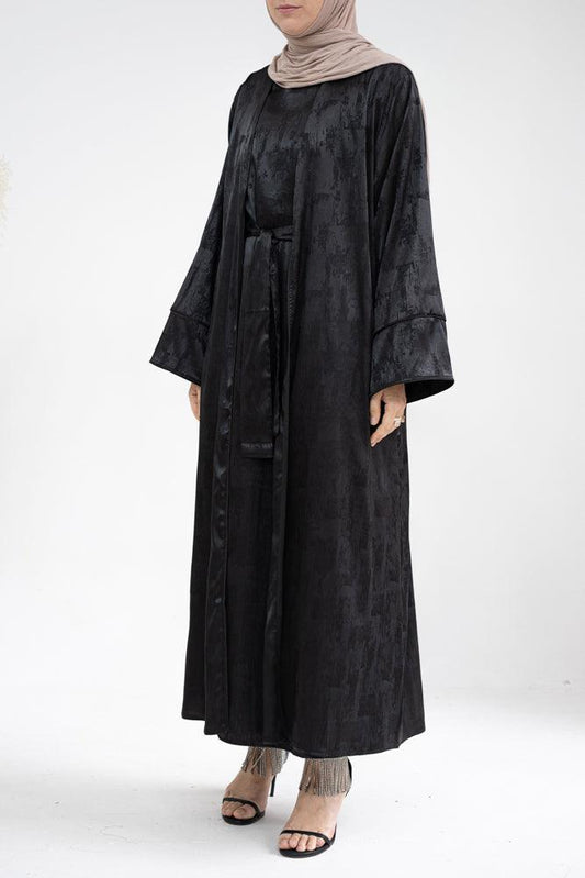 Miiriam abaya throw over with printed shine effect kimono sleeves detachable belt in black - ANNAH HARIRI