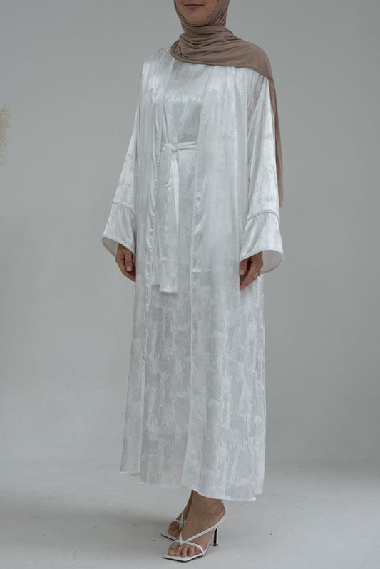 Miiriam abaya throw over with printed shine effect kimono sleeves detachable belt in white - ANNAH HARIRI