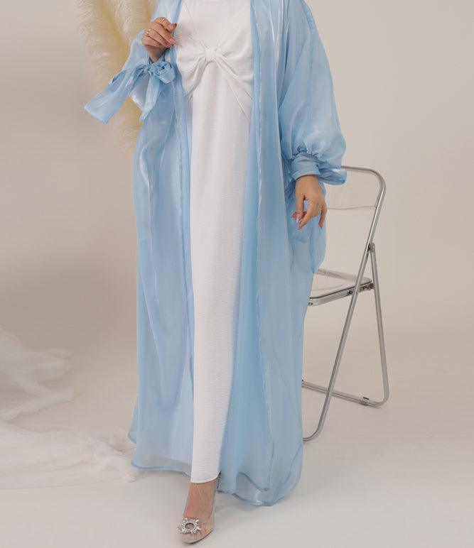 Monika Faux Organza open front abaya with bow tie sleeves in light blue - ANNAH HARIRI