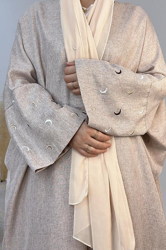Moona abaya throw over with moon embroidery on sleeves in taro - ANNAH HARIRI
