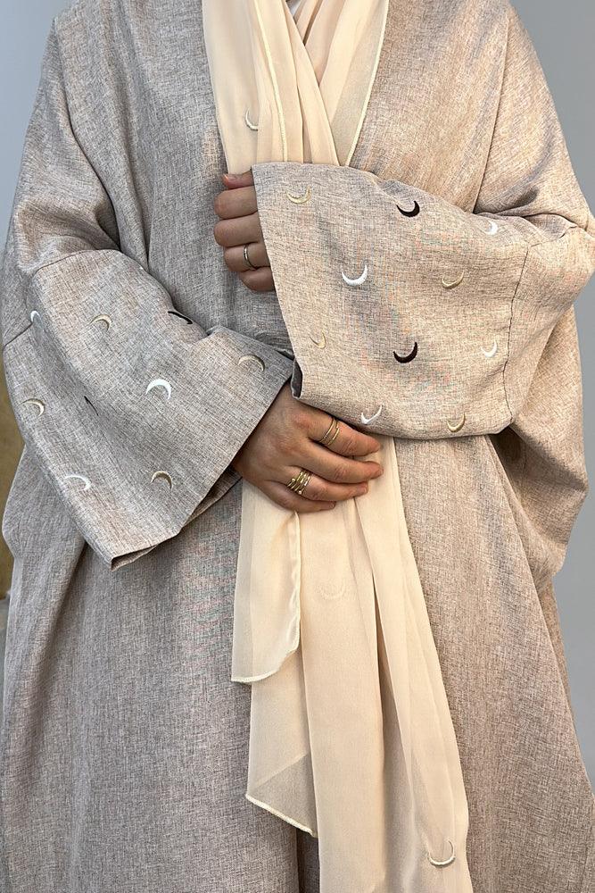 Moona abaya throw over with moon embroidery on sleeves in taro - ANNAH HARIRI