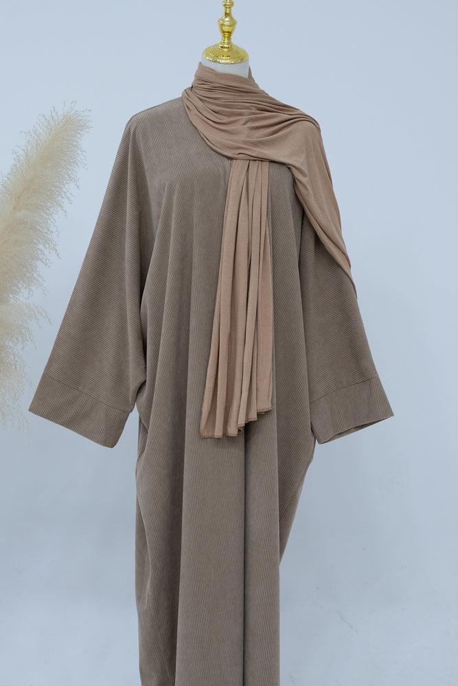 Nectara Winter Fall abaya in velvet like fabric in khaki color - ANNAH HARIRI
