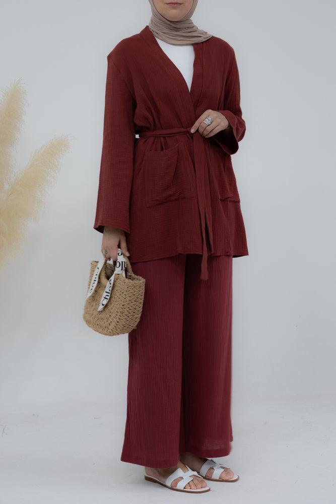 Pants Marina in pure cotton with elasticated waistline and pockets in maroon - ANNAH HARIRI