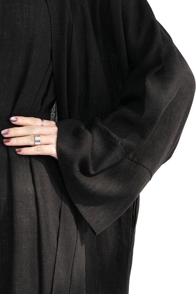 Pure Linen Abaya throw over in Black color with belt - ANNAH HARIRI