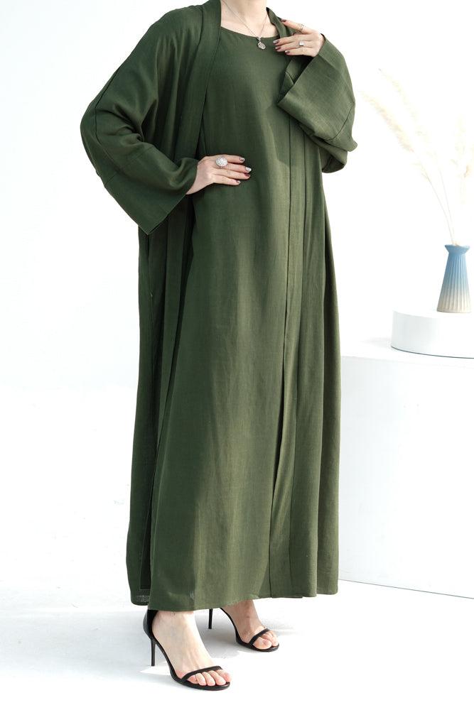 Pure Linen Abaya throw over in Green color with belt - ANNAH HARIRI