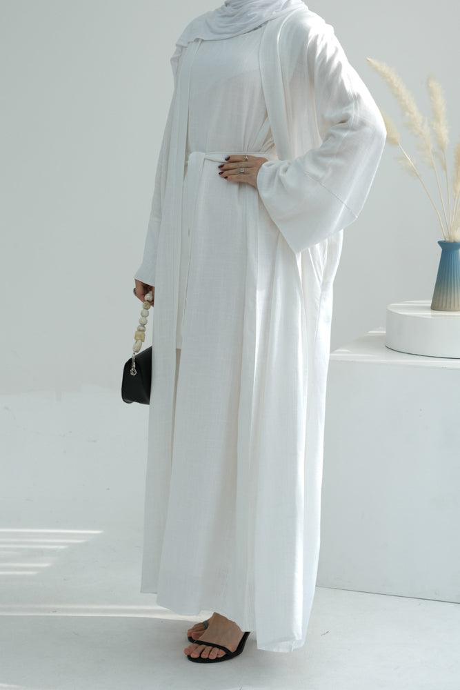 Pure Linen Abaya throw over in White color with belt - ANNAH HARIRI