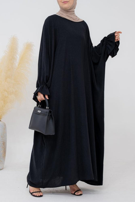 Radwa batwing abaya with ruched sleeve and loose cut in black - ANNAH HARIRI
