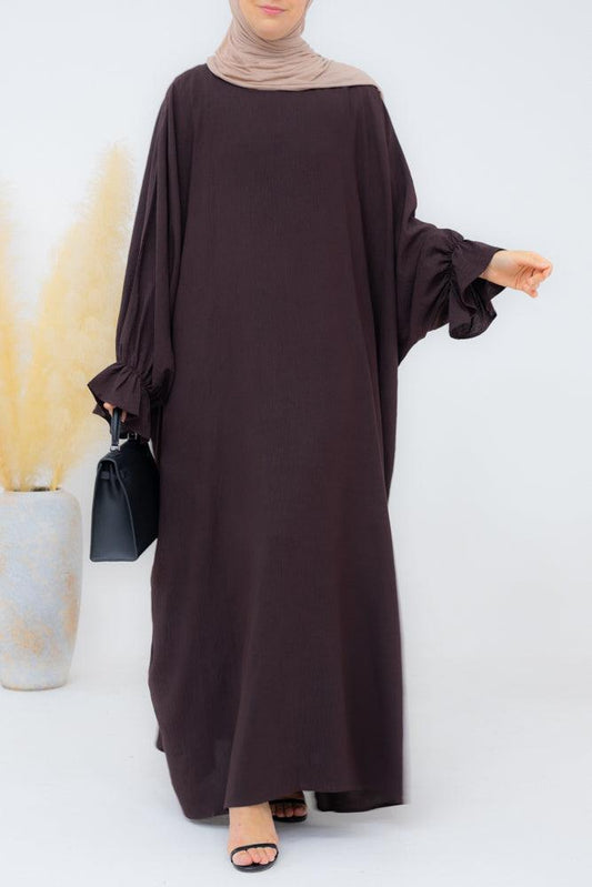 Radwa batwing abaya with ruched sleeve and loose cut in dark coffee - ANNAH HARIRI