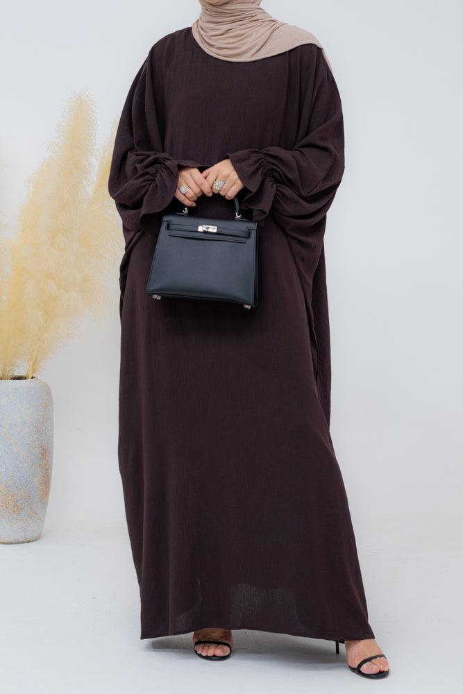 Radwa batwing abaya with ruched sleeve and loose cut in dark coffee - ANNAH HARIRI