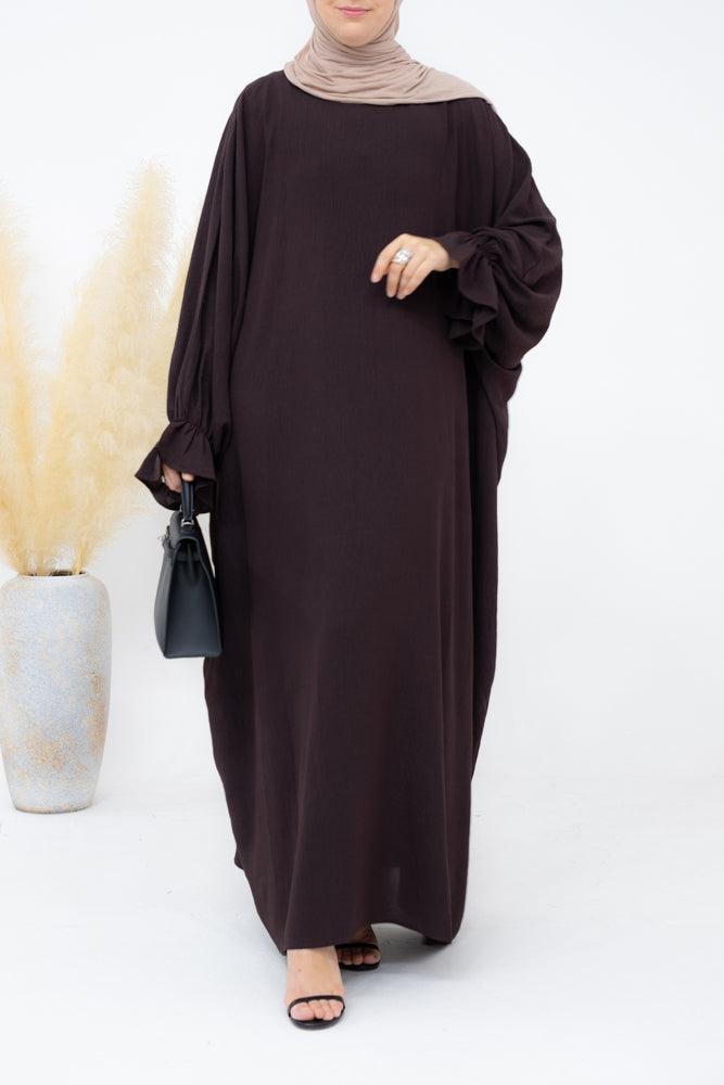 Radwa batwing abaya with ruched sleeve and loose cut in dark coffee - ANNAH HARIRI