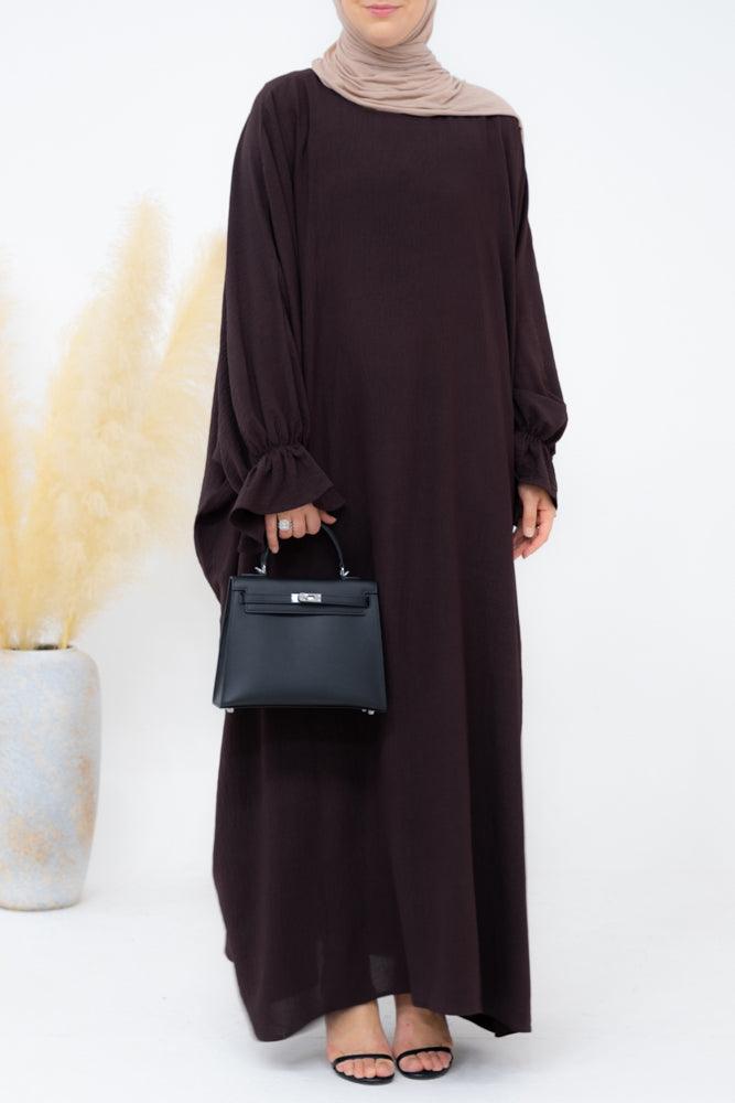 Radwa batwing abaya with ruched sleeve and loose cut in dark coffee - ANNAH HARIRI