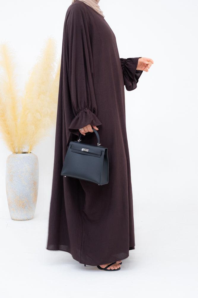 Radwa batwing abaya with ruched sleeve and loose cut in dark coffee - ANNAH HARIRI