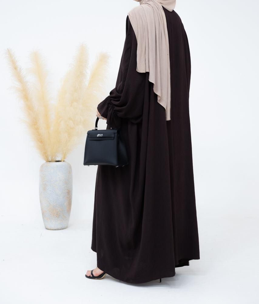 Radwa batwing abaya with ruched sleeve and loose cut in dark coffee - ANNAH HARIRI