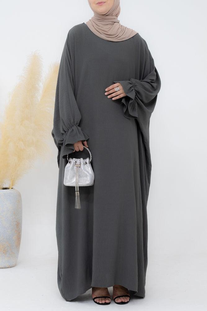 Radwa batwing abaya with ruched sleeve and loose cut in dark grey - ANNAH HARIRI
