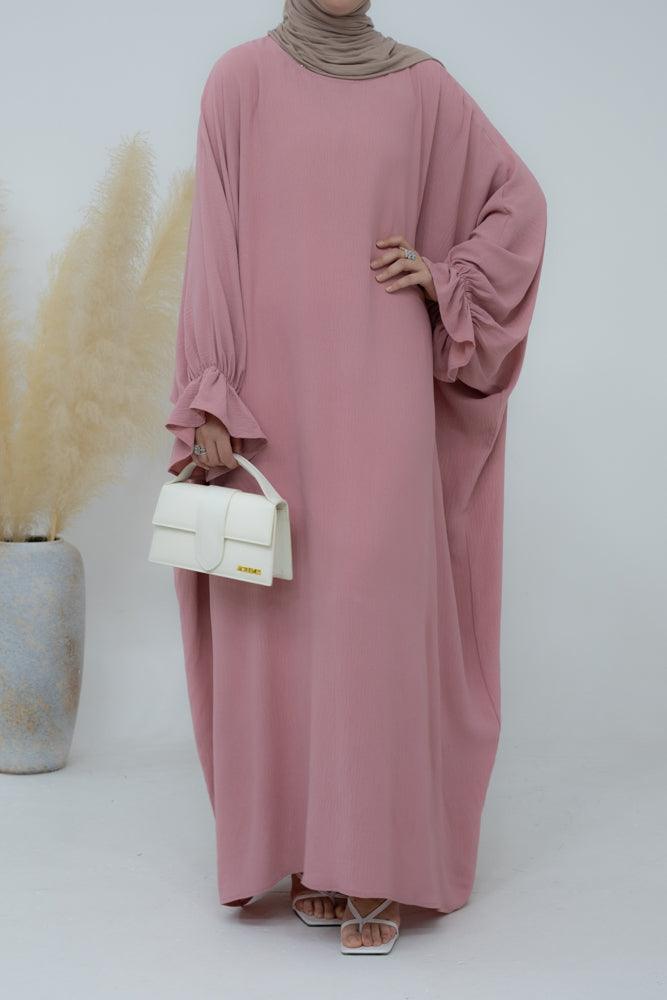 Radwa batwing abaya with ruched sleeve and loose cut in pink - ANNAH HARIRI