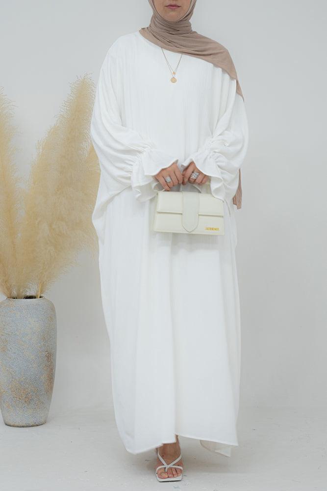 Radwa batwing abaya with ruched sleeve and loose cut in white - ANNAH HARIRI