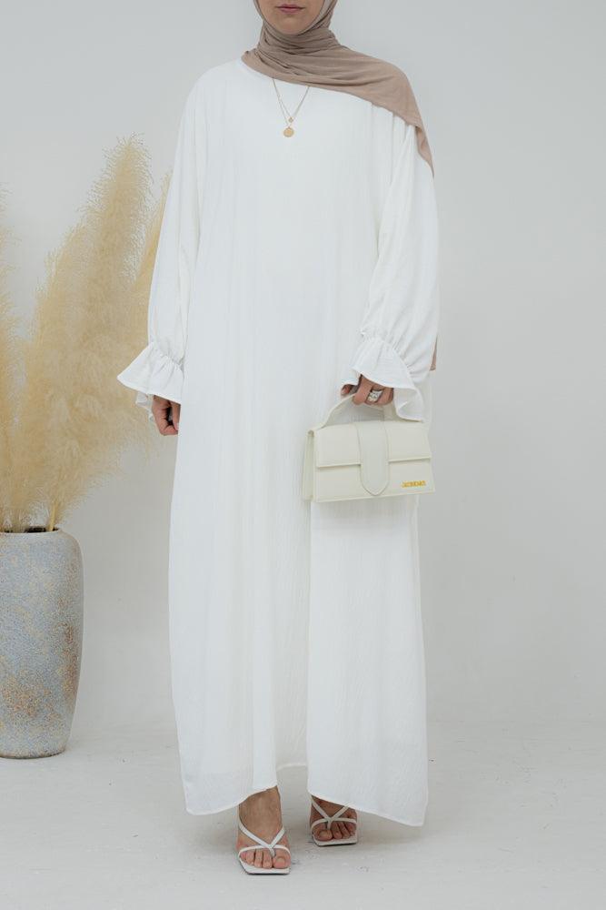 Radwa batwing abaya with ruched sleeve and loose cut in white - ANNAH HARIRI