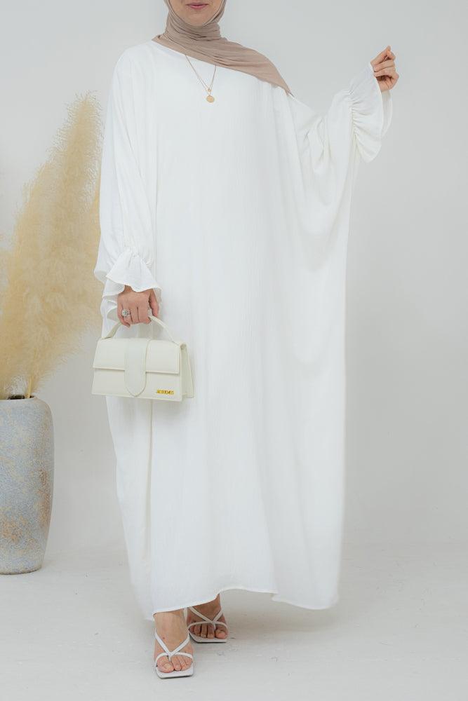 Radwa batwing abaya with ruched sleeve and loose cut in white - ANNAH HARIRI