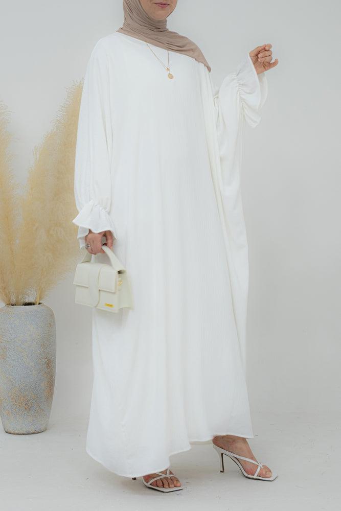 Radwa batwing abaya with ruched sleeve and loose cut in white - ANNAH HARIRI