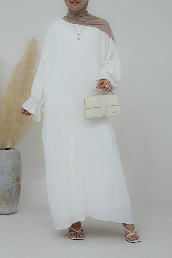 Radwa batwing abaya with ruched sleeve and loose cut in white - ANNAH HARIRI