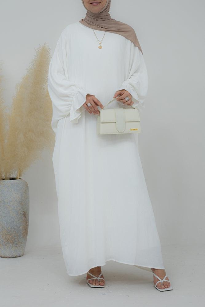 Radwa batwing abaya with ruched sleeve and loose cut in white - ANNAH HARIRI