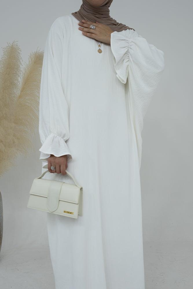 Radwa batwing abaya with ruched sleeve and loose cut in white - ANNAH HARIRI