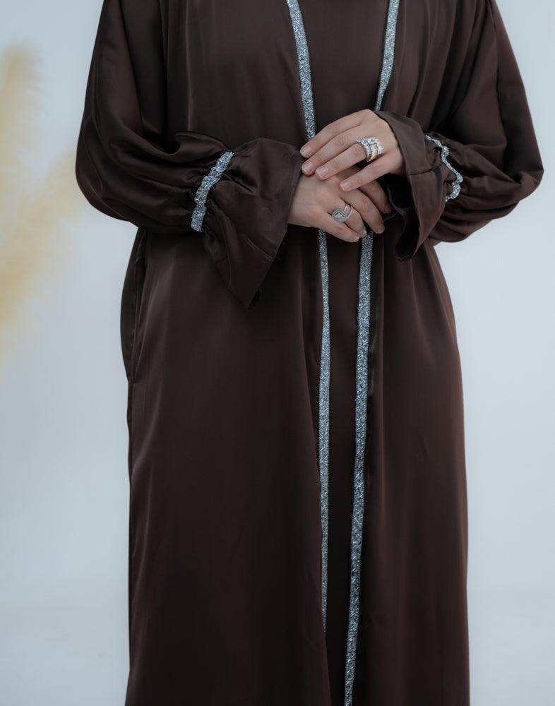 Sandalwood abaya in black with embellished ribbon detail in coffee - ANNAH HARIRI
