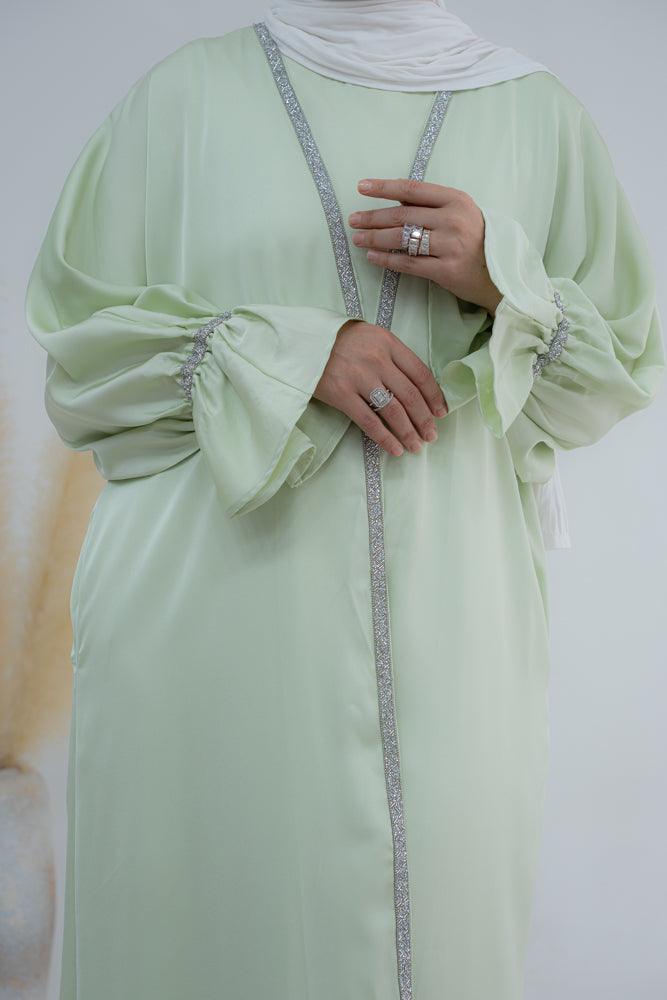 Sandalwood abaya in black with embellished ribbon detail in light green - ANNAH HARIRI
