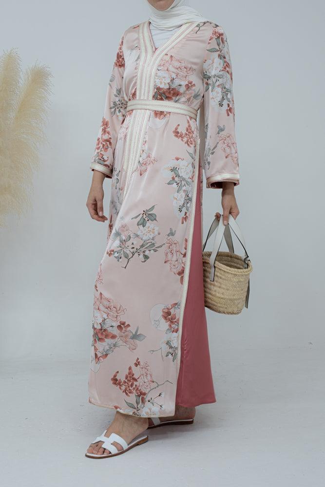 Serra kaftan dress with side slits and embroidery in ditsy floral - ANNAH HARIRI