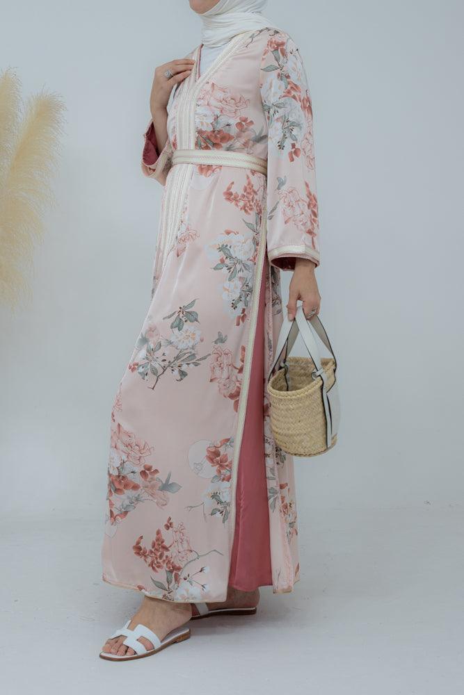 Serra kaftan dress with side slits and embroidery in ditsy floral - ANNAH HARIRI